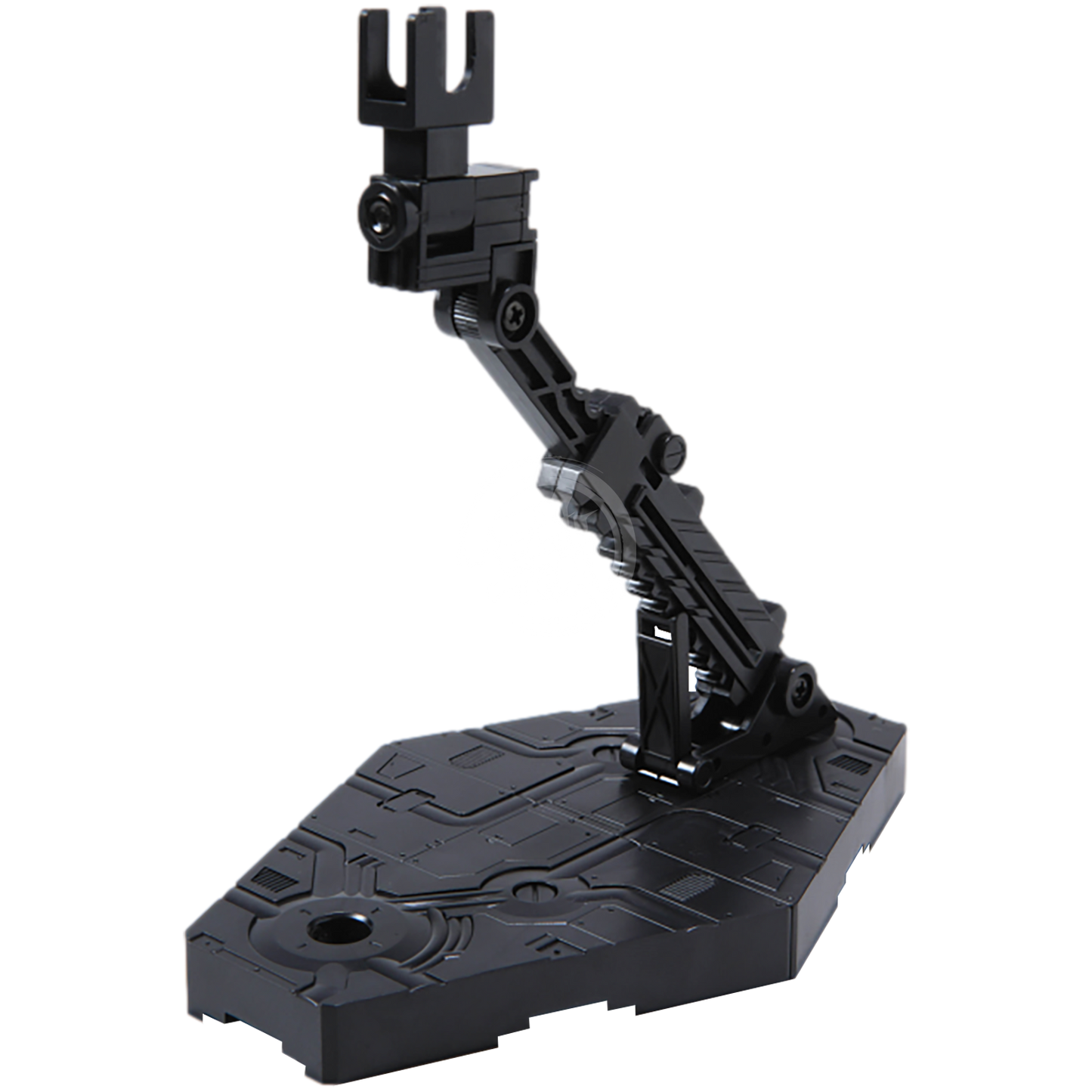Bandai Action Base 2 model kit stand in black, featuring adjustable arms and a sturdy base for displaying plastic model figures.