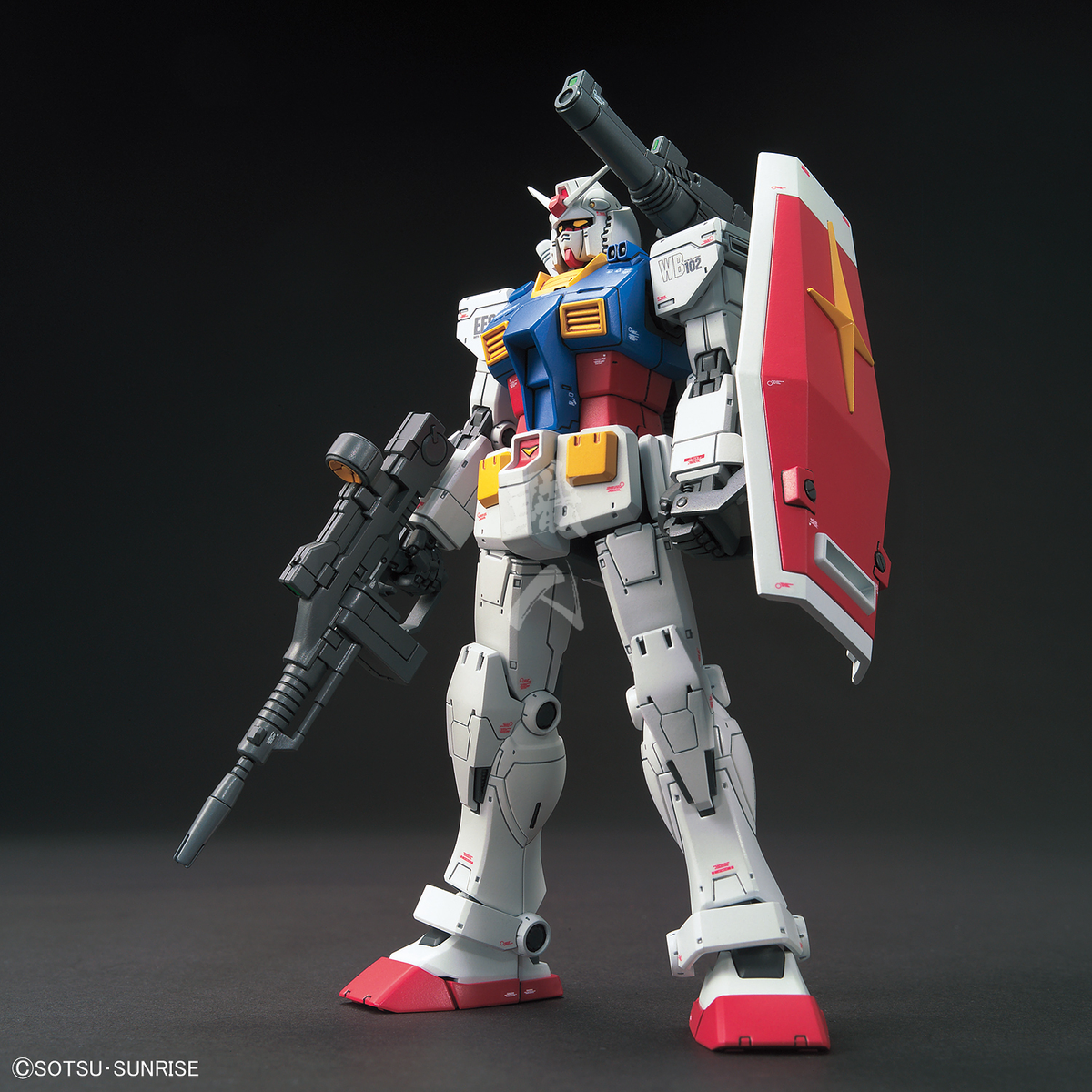 Bandai RX-78-2 Gundam model kit from Gundam The Origin Ver., assembled with detailed plastic parts and vibrant colors.
