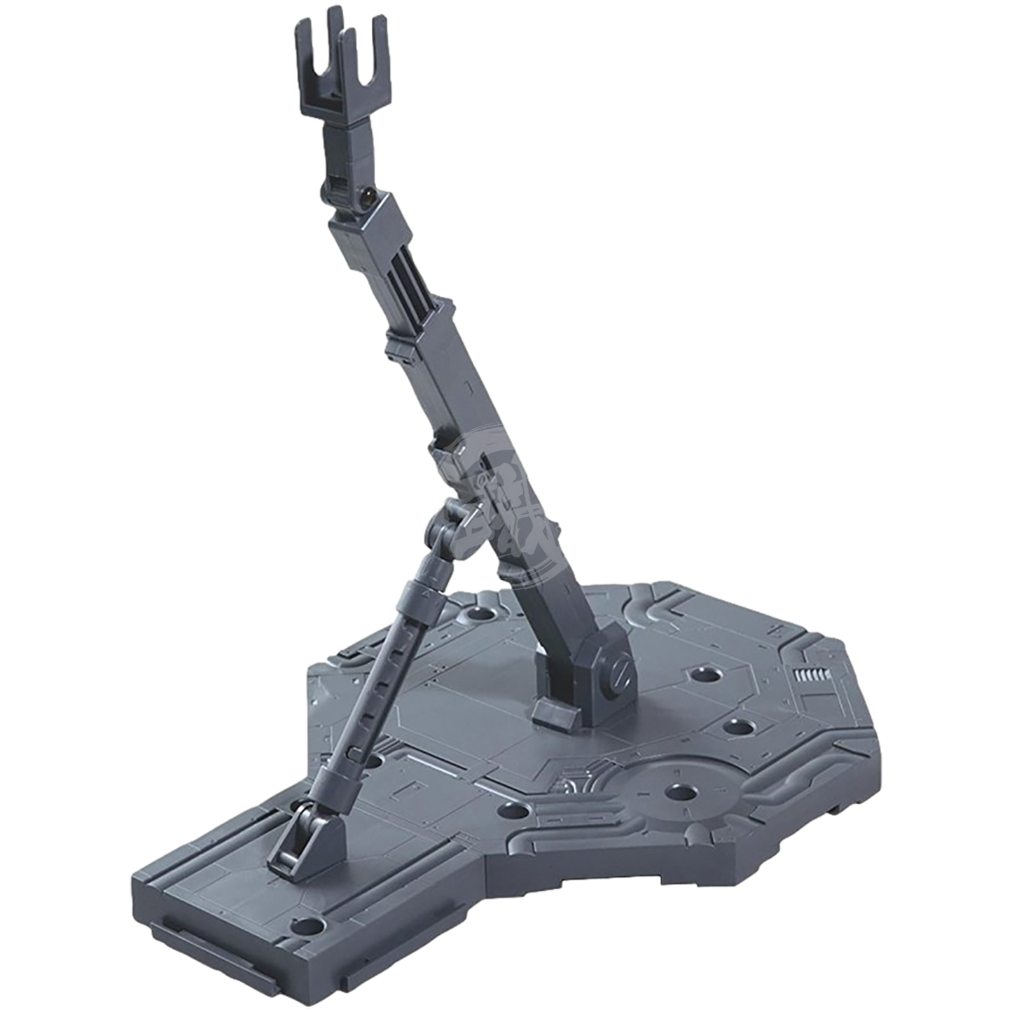 Bandai Action Base 1 model kit stand in grey color, featuring adjustable support arms for displaying scale models.