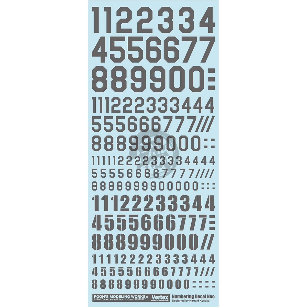 Grey numbering decal from Pooh's Modeling Work, water slide decal sheet for model customization, shown on the product sheet.