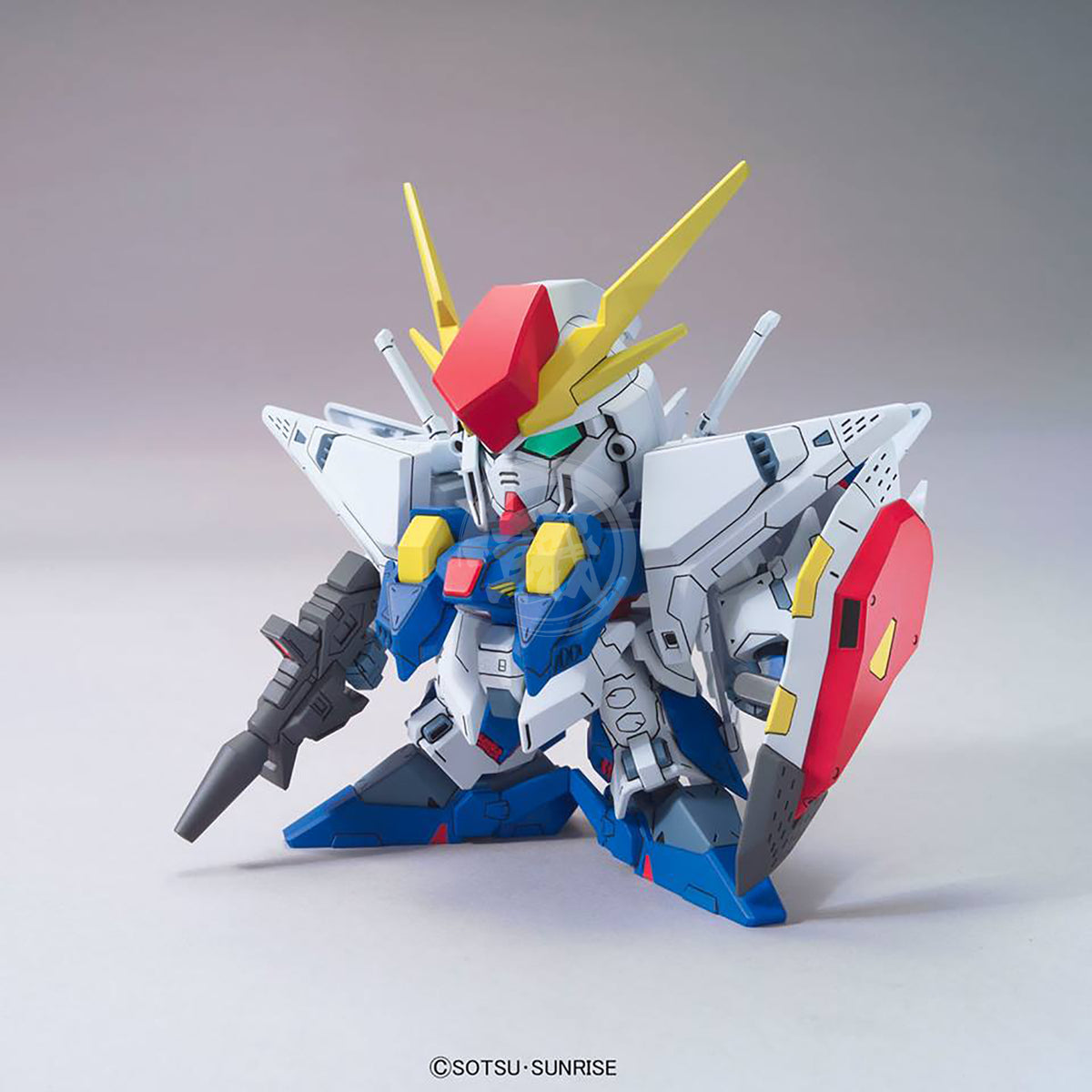 Bandai SD Xi Gundam model kit, detailed plastic figure with vibrant colors, assembled and posed for display.