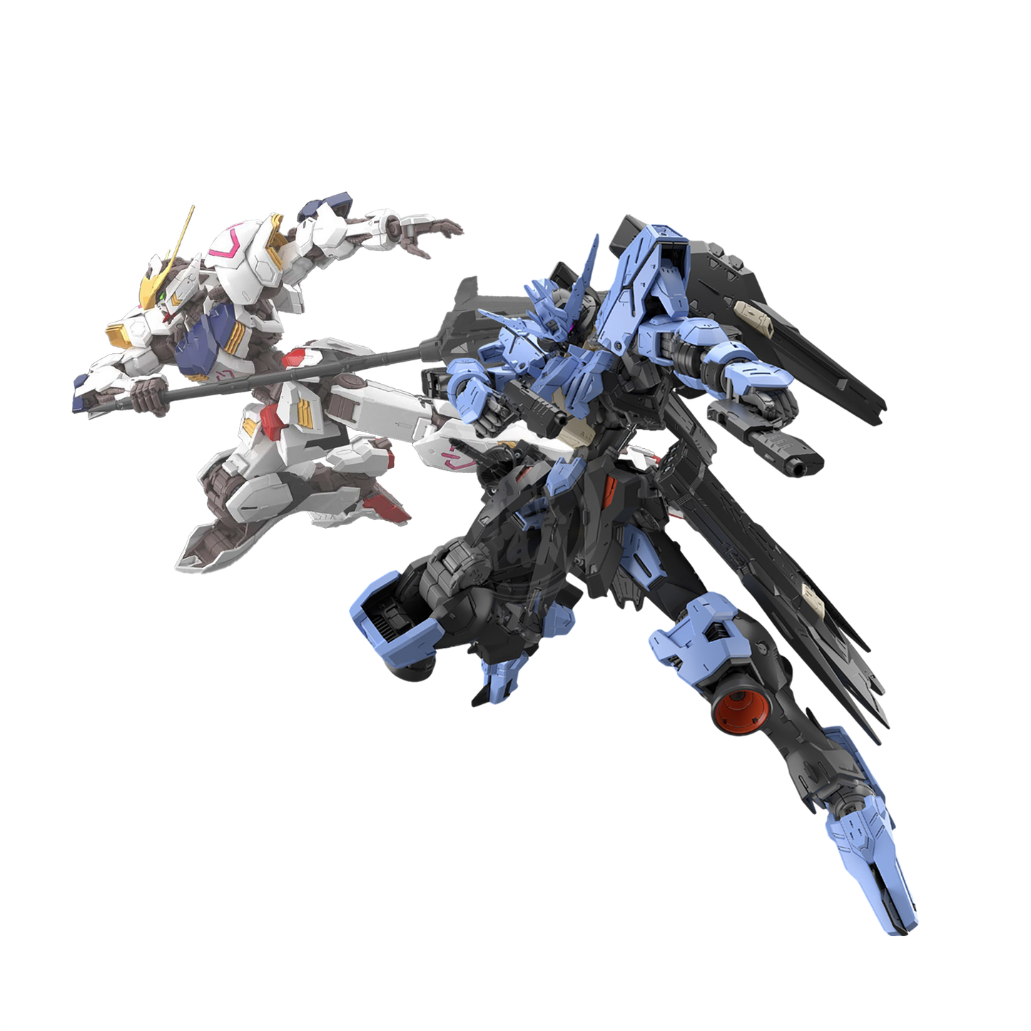 Bandai MG Iron-Blooded Orphans model kit bundle featuring detailed Gundam figures and accessories.