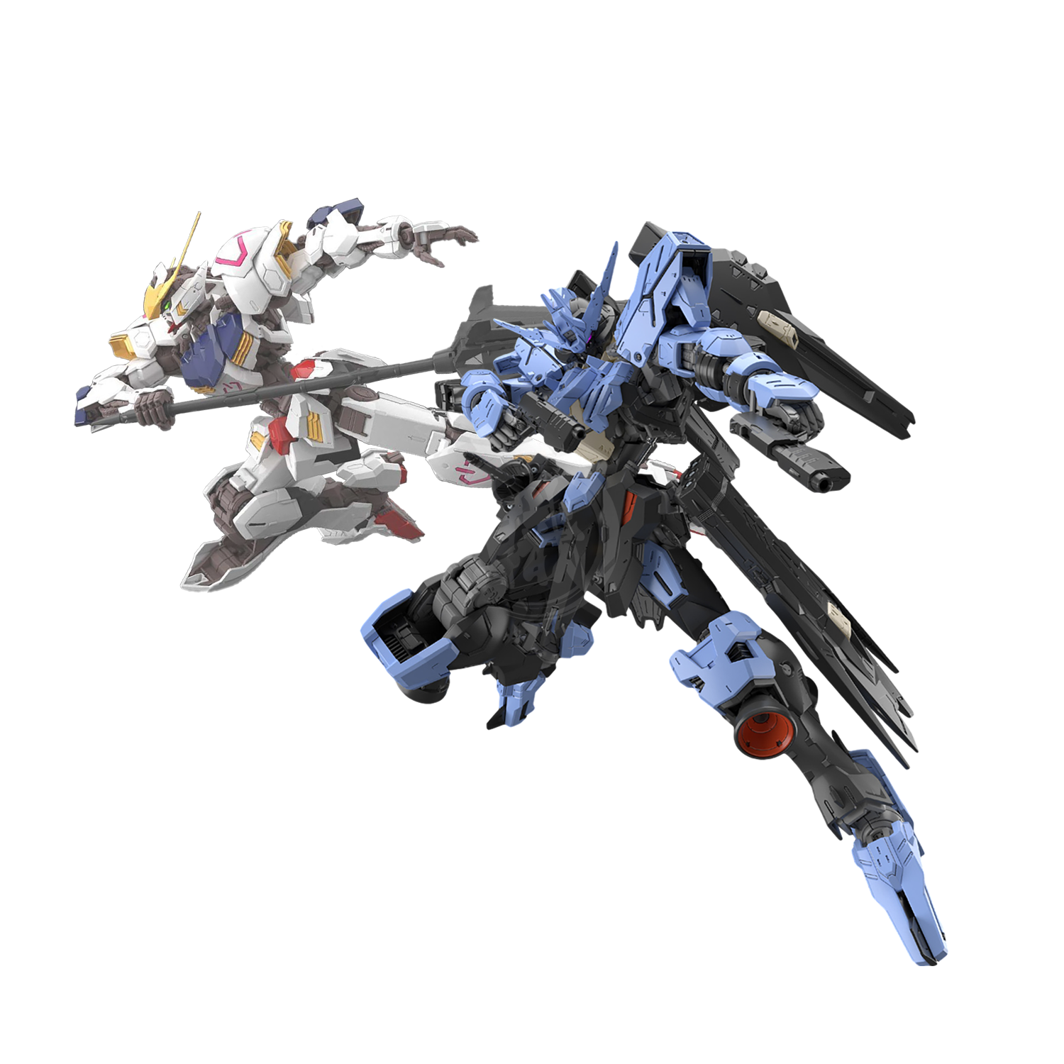 Bandai MG Iron-Blooded Orphans model kit bundle featuring detailed Gundam figures and accessories.