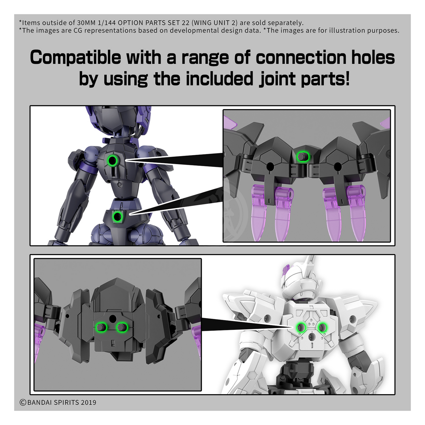 Bandai 30mm model kit option parts set 22 Wing Unit 2 with detailed plastic components for customization and assembly.