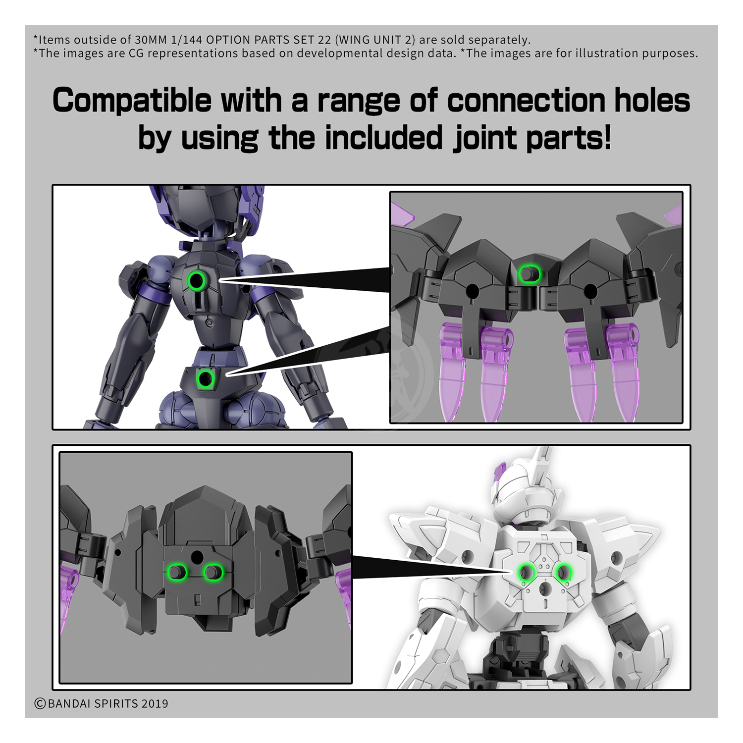 Bandai 30mm model kit option parts set 22 Wing Unit 2 with detailed plastic components for customization and assembly.