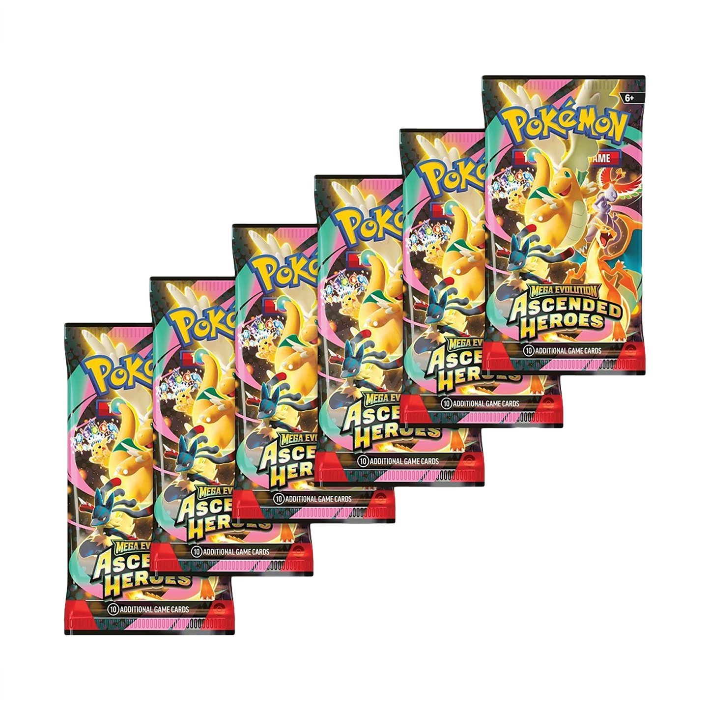 Set of three Pokémon TCG Ascended Heroes Booster Packs featuring colorful card artwork and branding from Pokémon.