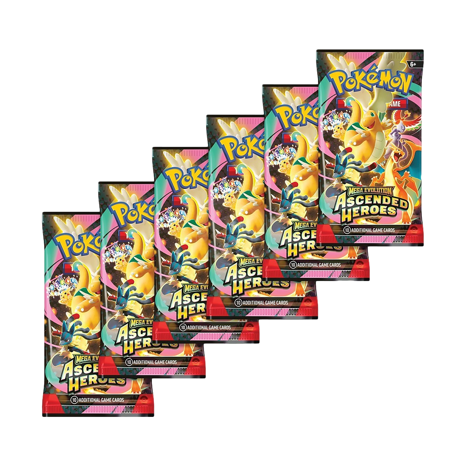 Set of three Pokémon TCG Ascended Heroes Booster Packs featuring colorful card artwork and branding from Pokémon.