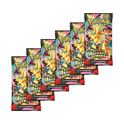 Set of three Pokémon TCG Ascended Heroes Booster Packs featuring colorful card artwork and branding from Pokémon.