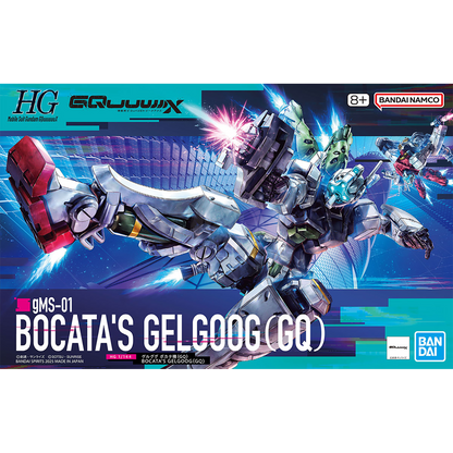 Bandai HG Bocata's Gelgoog model kit displayed, featuring detailed plastic parts and vibrant colors for assembly.
