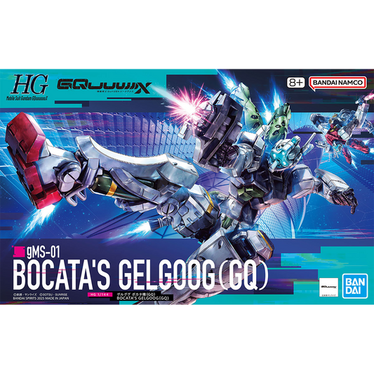 Bandai HG Bocata's Gelgoog model kit displayed, featuring detailed plastic parts and vibrant colors for assembly.