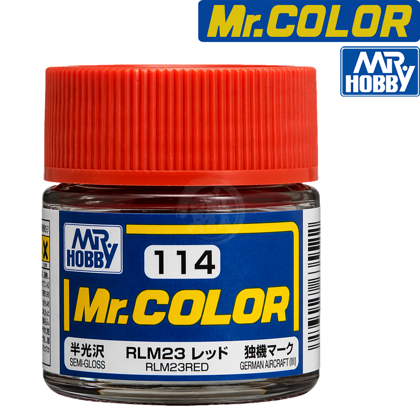 Red paint bottle labeled RLM23 by GSI Creos, showcasing the vibrant red color for model or hobby painting.