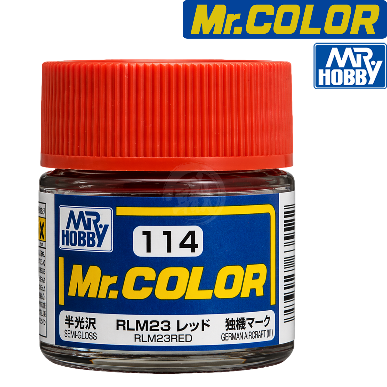 Red paint bottle labeled RLM23 by GSI Creos, showcasing the vibrant red color for model or hobby painting.