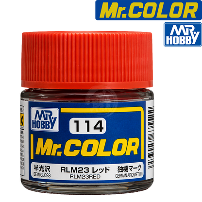 Red paint bottle labeled RLM23 by GSI Creos, showcasing the vibrant red color for model or hobby painting.