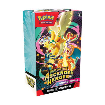 Pokemon TCG Ascended Heroes Booster Bundle cover with colorful artwork and booster packs for the Pokémon Trading Card Game.