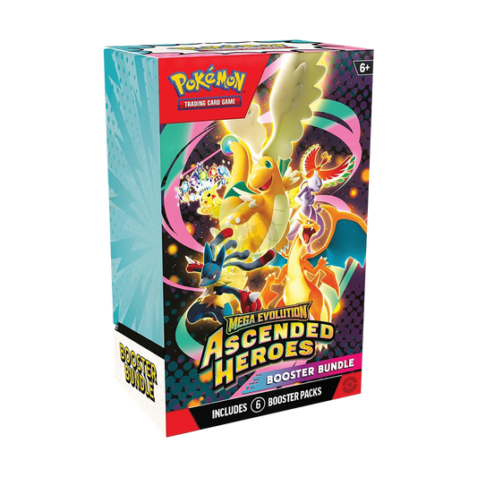 Pokemon TCG Ascended Heroes Booster Bundle cover with colorful artwork and booster packs for the Pokémon Trading Card Game.