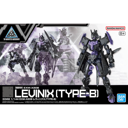 Bandai 30mm Levinix Type-B model kit box cover showing illustrated robot design and packaging artwork.