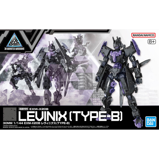 Bandai 30mm Levinix Type-B model kit box cover showing illustrated robot design and packaging artwork.