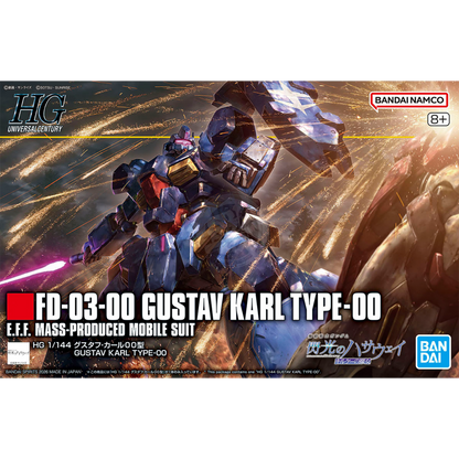 Bandai HG Gustav Karl Type-00 model kit box cover showing detailed artwork and design of the Gundam robot in a dynamic pose.
