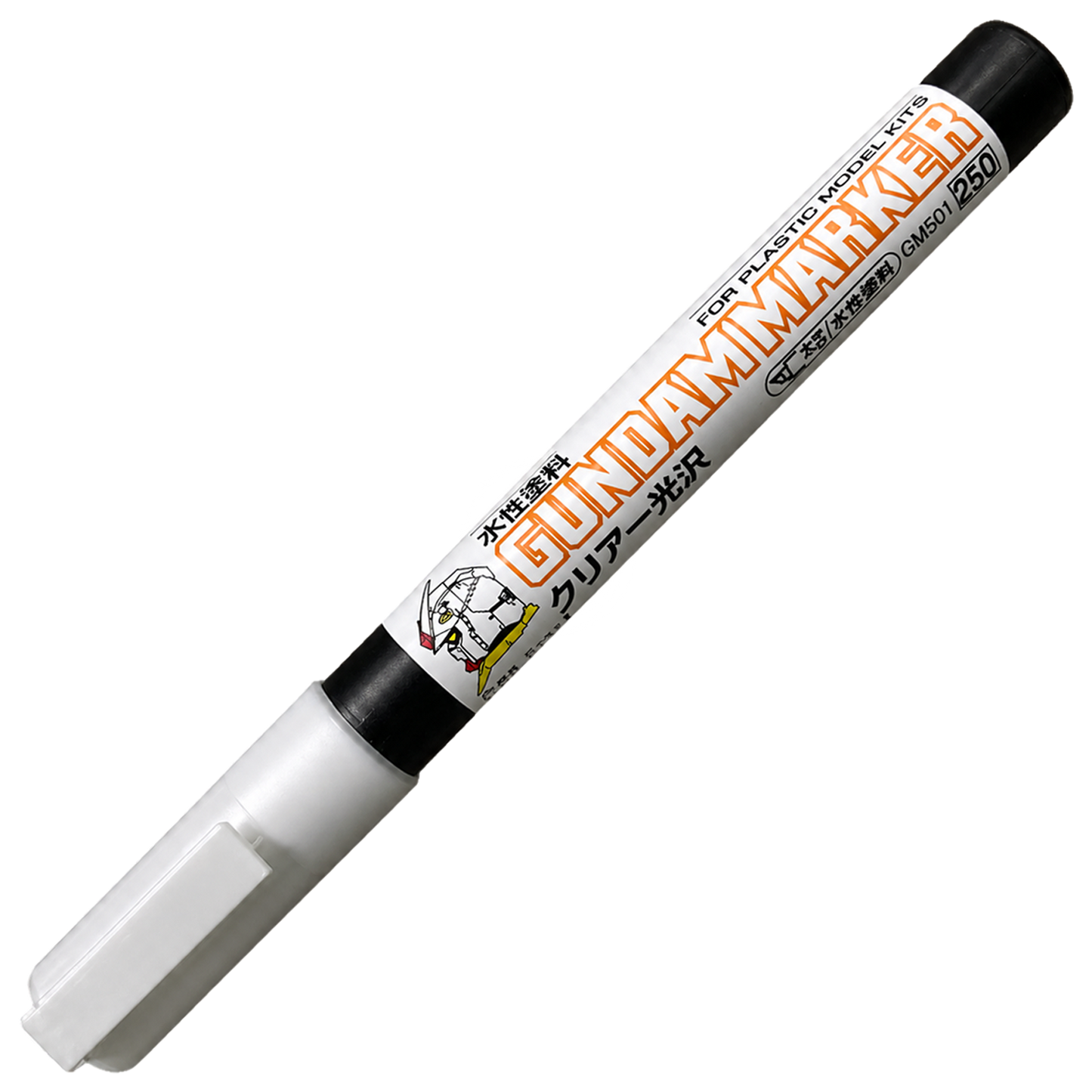 GSI Creos Gundam Marker Clear Gloss coloring tool with transparent cap and label, used for detailing model Gundam figures.