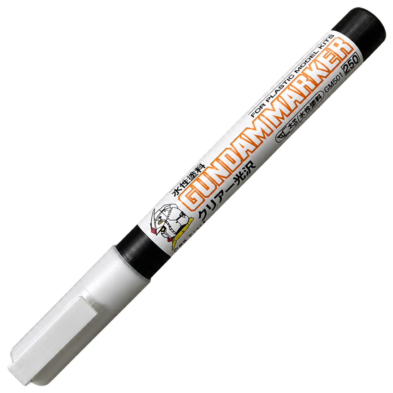 GSI Creos Gundam Marker Clear Gloss coloring tool with transparent cap and label, used for detailing model Gundam figures.