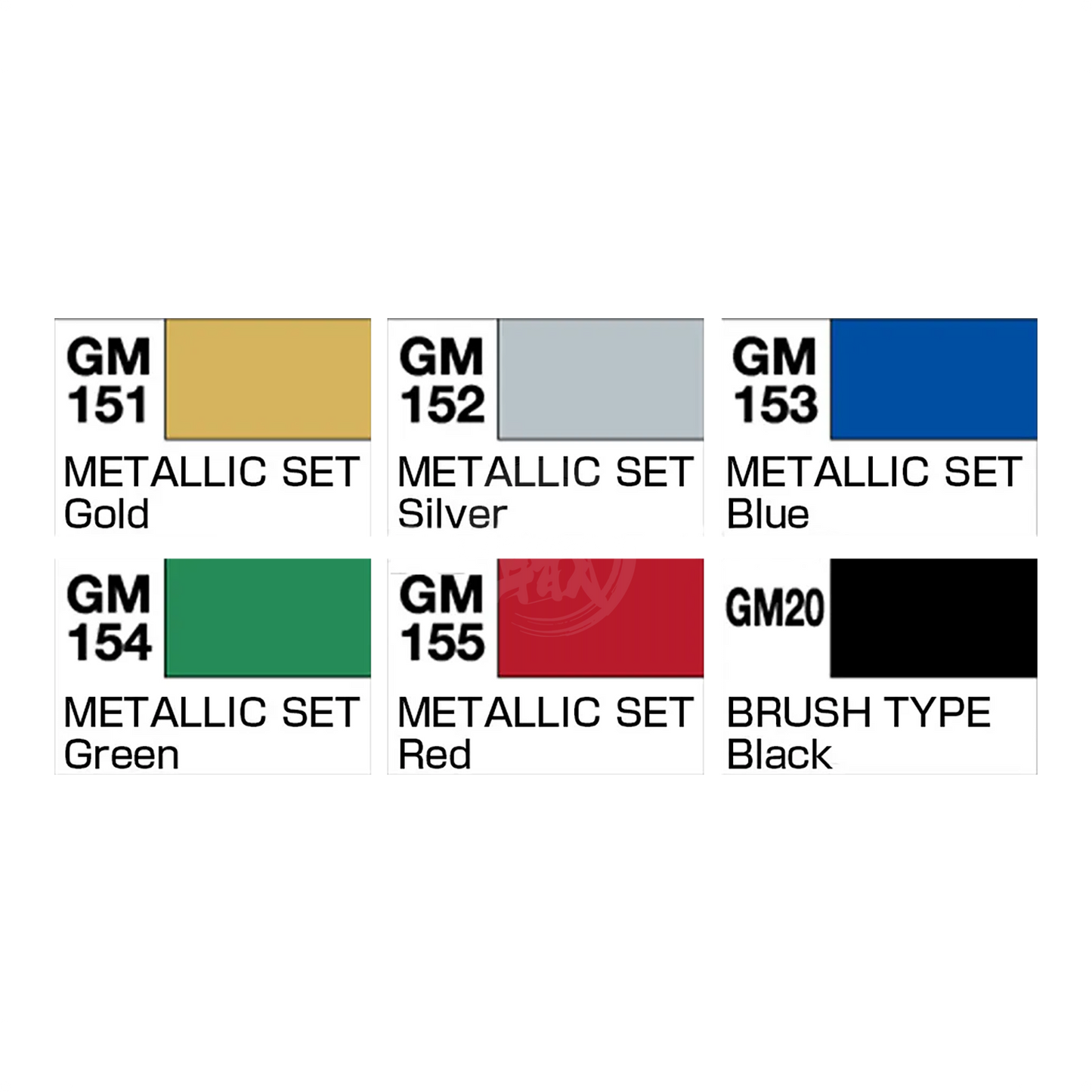 GSI Creos Gundam Marker Metallic Marker Set with five metallic coloring tools for model and hobby artwork.