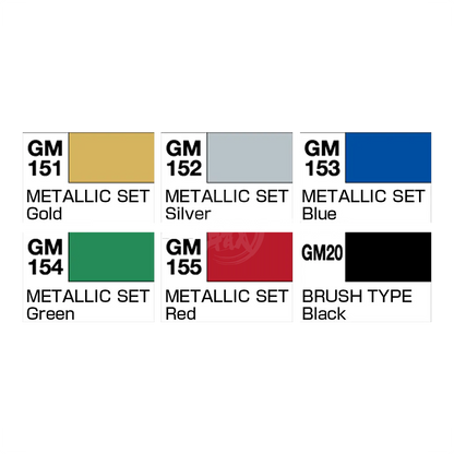 GSI Creos Gundam Marker Metallic Marker Set with five metallic coloring tools for model and hobby artwork.