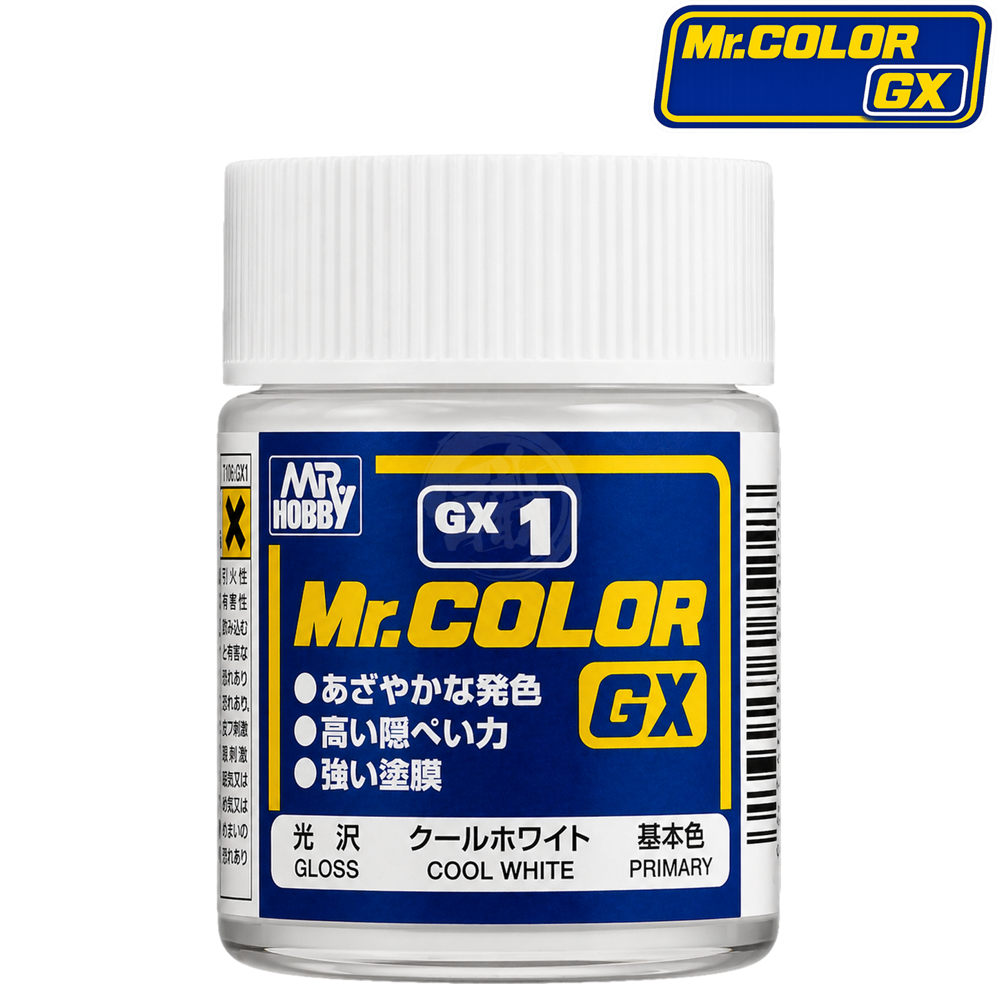 GSI Creos Cool White paint bottle label with product code GX001, showing the white color swatch and brand logo.