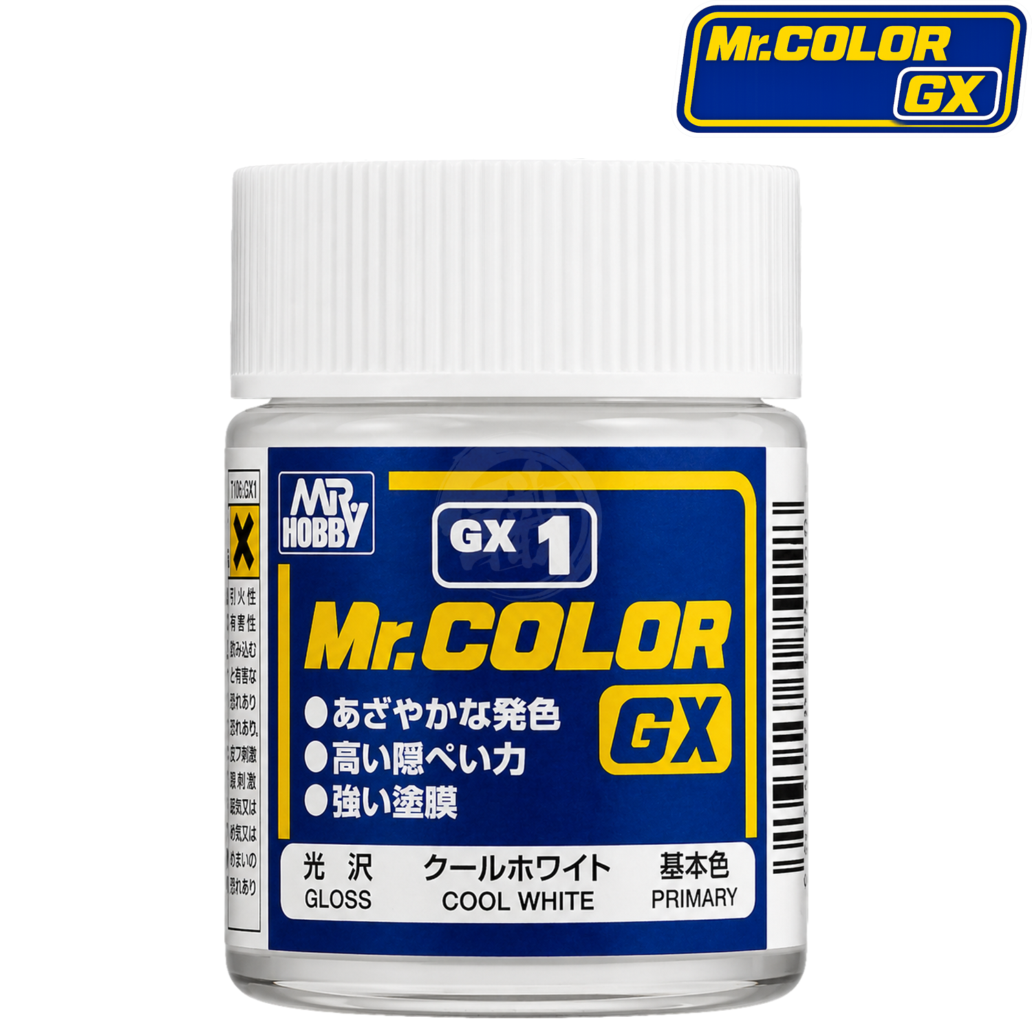 GSI Creos Cool White paint bottle label with product code GX001, showing the white color swatch and brand logo.