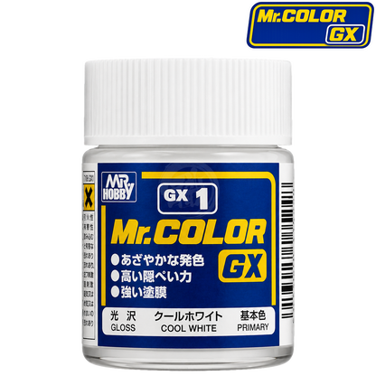 GSI Creos Cool White paint bottle label with product code GX001, showing the white color swatch and brand logo.