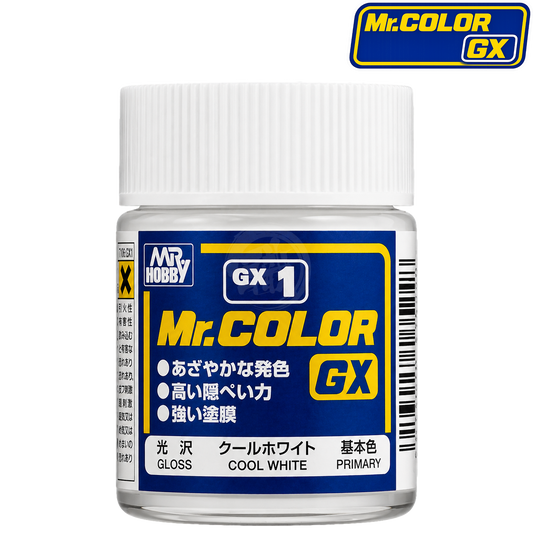 GSI Creos Cool White paint bottle label with product code GX001, showing the white color swatch and brand logo.
