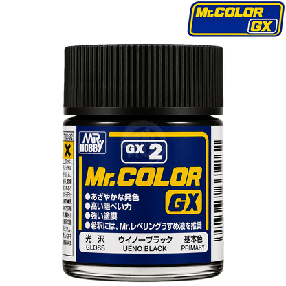 Black GSI Creos Ueno paint bottle with label, showcasing the GX002 color for model and hobby painting.