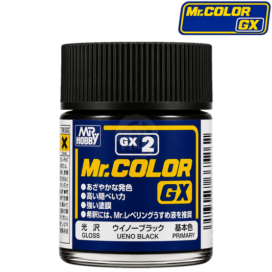 Black GSI Creos Ueno paint bottle with label, showcasing the GX002 color for model and hobby painting.