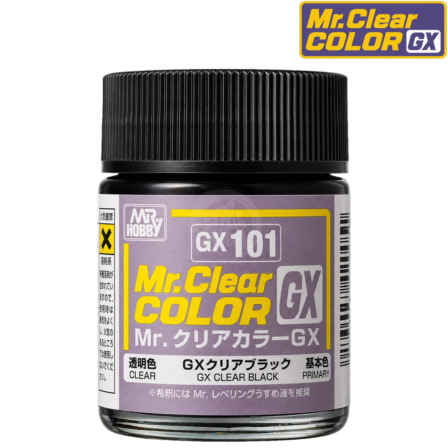 GSI Creos GX101 Clear Black paint bottle with label showing product name and branding, close-up shot of the container.