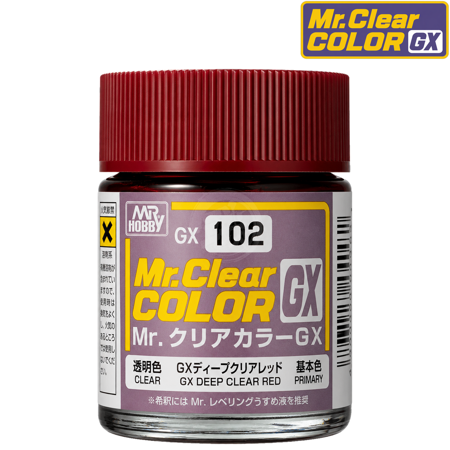 GSI Creos GX Deep Clear Red paint bottle with label showing vibrant red paint color and product details.