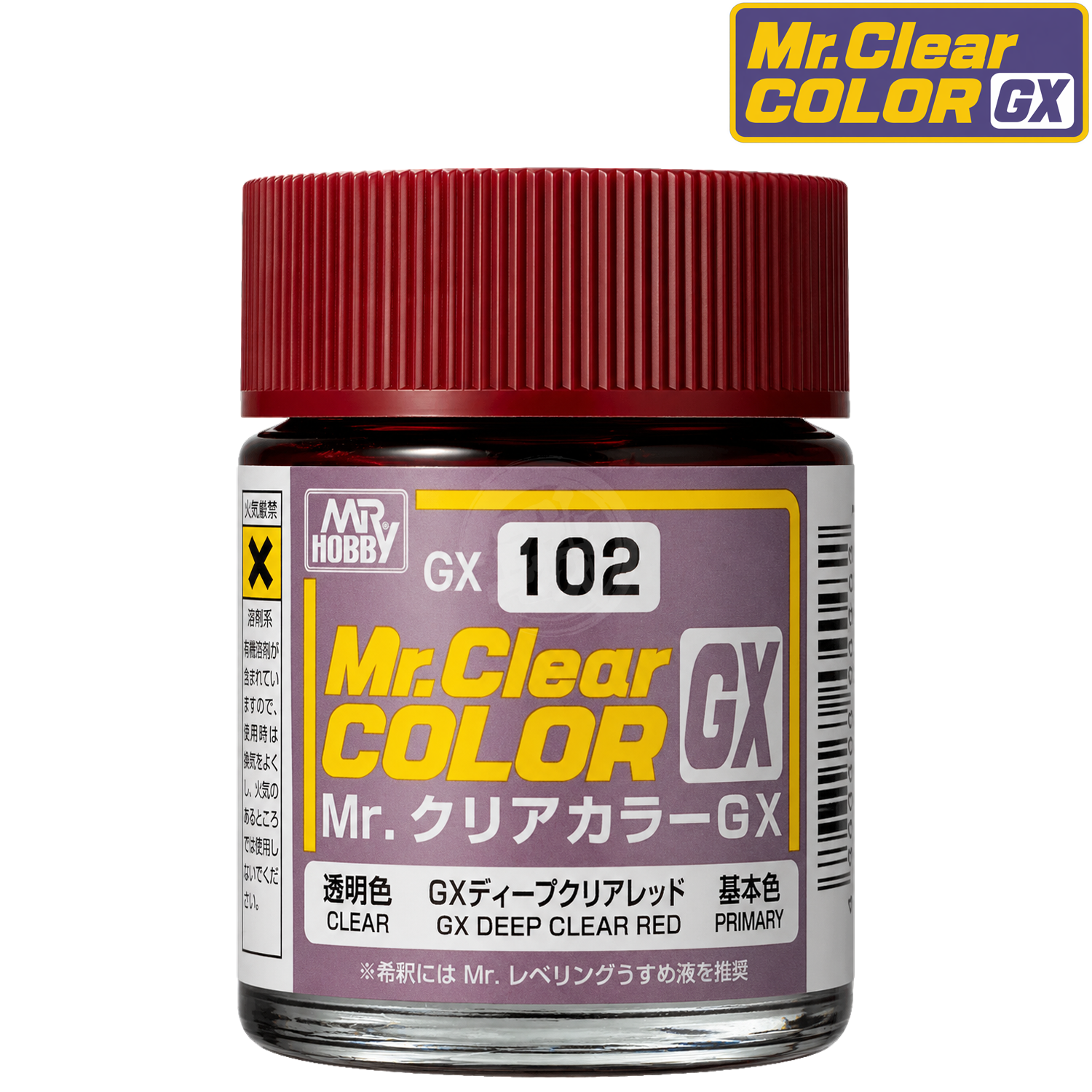 GSI Creos GX Deep Clear Red paint bottle with label showing vibrant red paint color and product details.
