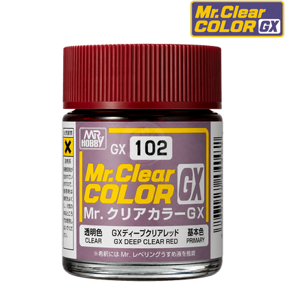 GSI Creos GX Deep Clear Red paint bottle with label showing vibrant red paint color and product details.