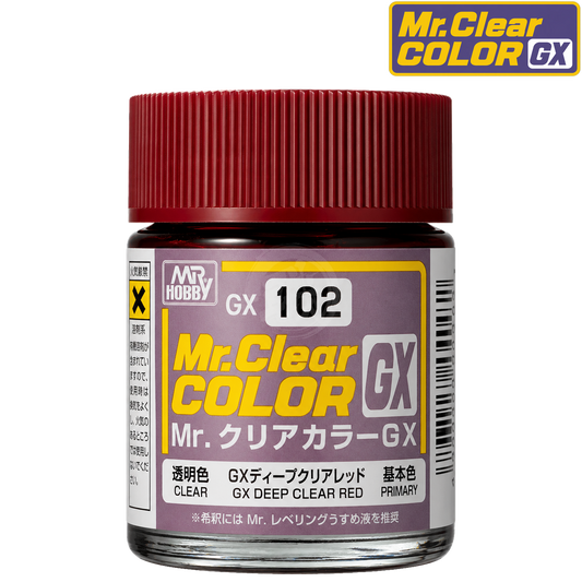GSI Creos GX Deep Clear Red paint bottle with label showing vibrant red paint color and product details.
