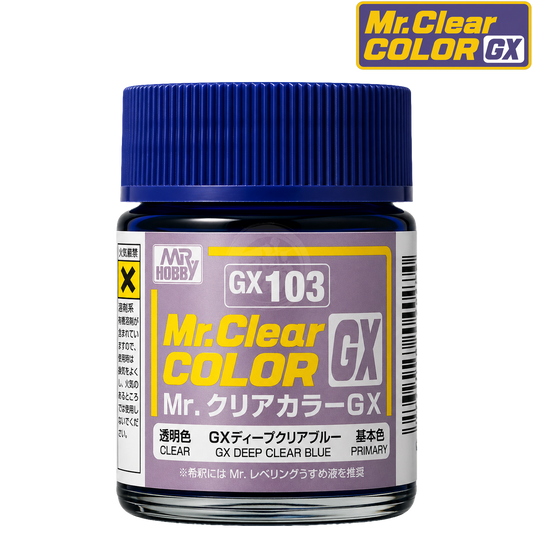 GSI Creos GX Deep Clear Blue paint bottle with label showing product name and brand, close-up view of the container.