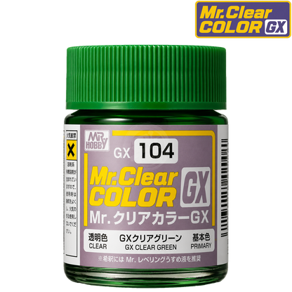 GSI Creos GX Clear Green paint bottle with label, showcasing the vibrant green color and product branding.