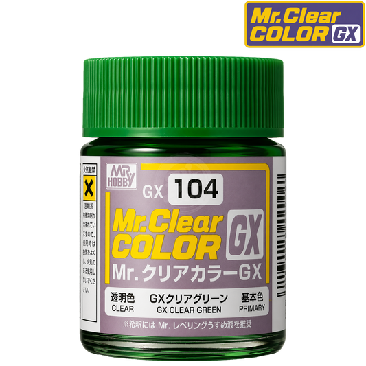 GSI Creos GX Clear Green paint bottle with label, showcasing the vibrant green color and product branding.
