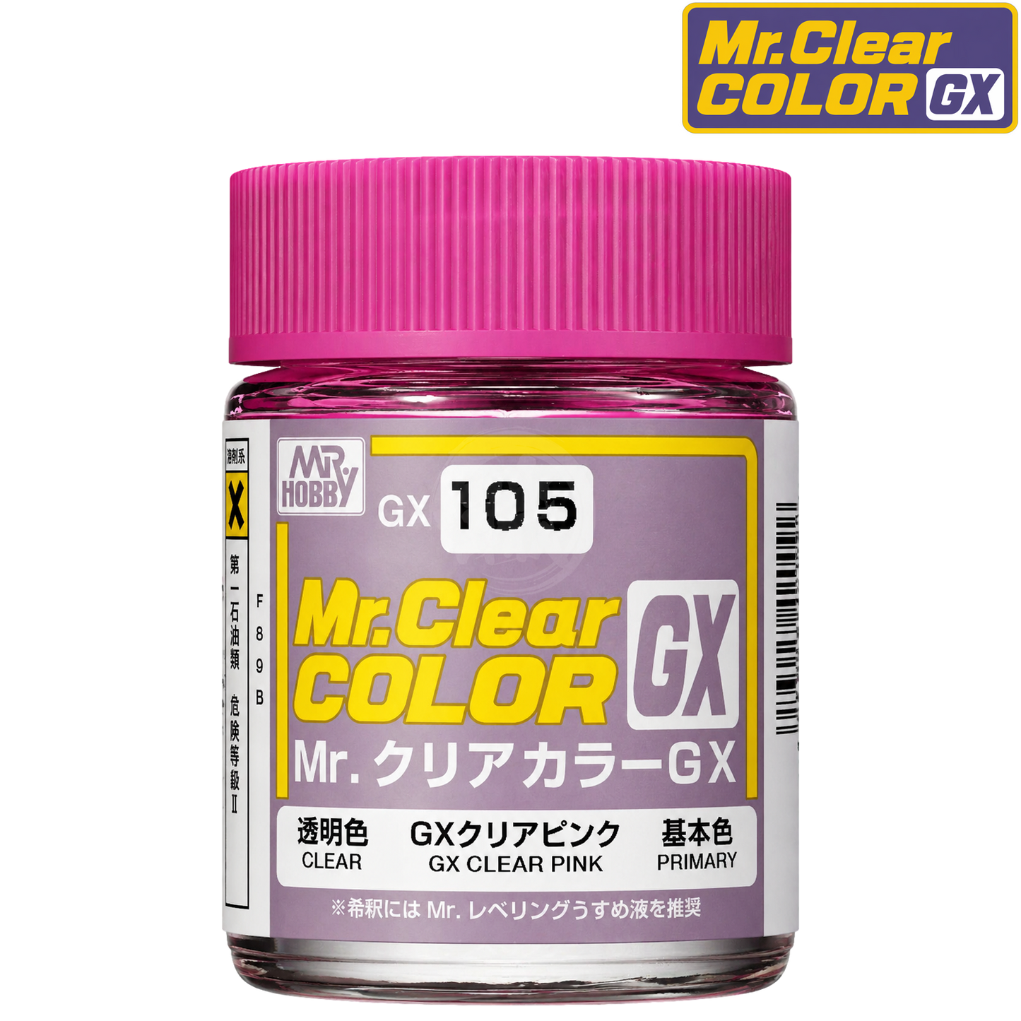 GSI Creos GX105 Clear Pink paint bottle with label, showcasing the vibrant pink color for model detailing and finishing.