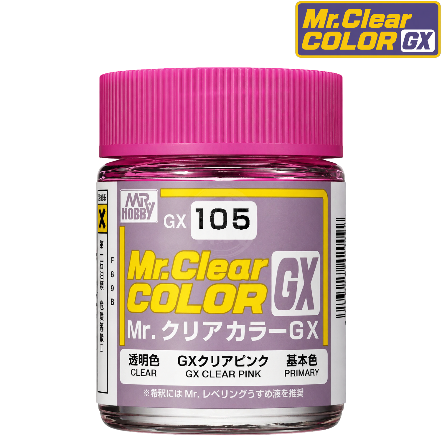 GSI Creos GX105 Clear Pink paint bottle with label, showcasing the vibrant pink color for model detailing and finishing.