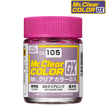 GSI Creos GX105 Clear Pink paint bottle with label, showcasing the vibrant pink color for model detailing and finishing.
