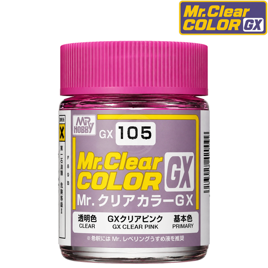 GSI Creos GX105 Clear Pink paint bottle with label, showcasing the vibrant pink color for model detailing and finishing.