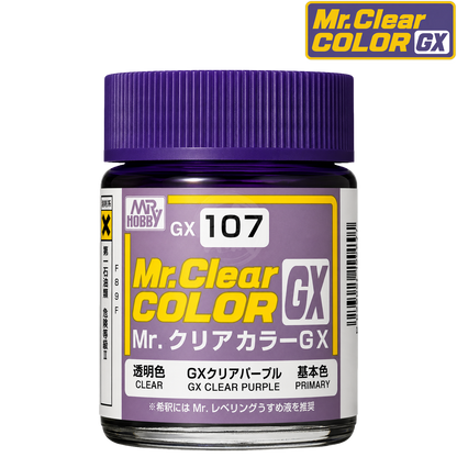 GSI Creos GX107 Clear Purple paint bottle with label, showcasing vibrant purple color for model or hobby painting.