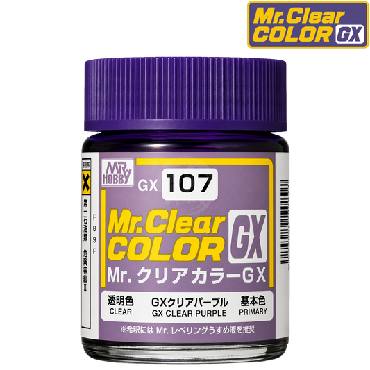 GSI Creos GX107 Clear Purple paint bottle with label, showcasing vibrant purple color for model or hobby painting.