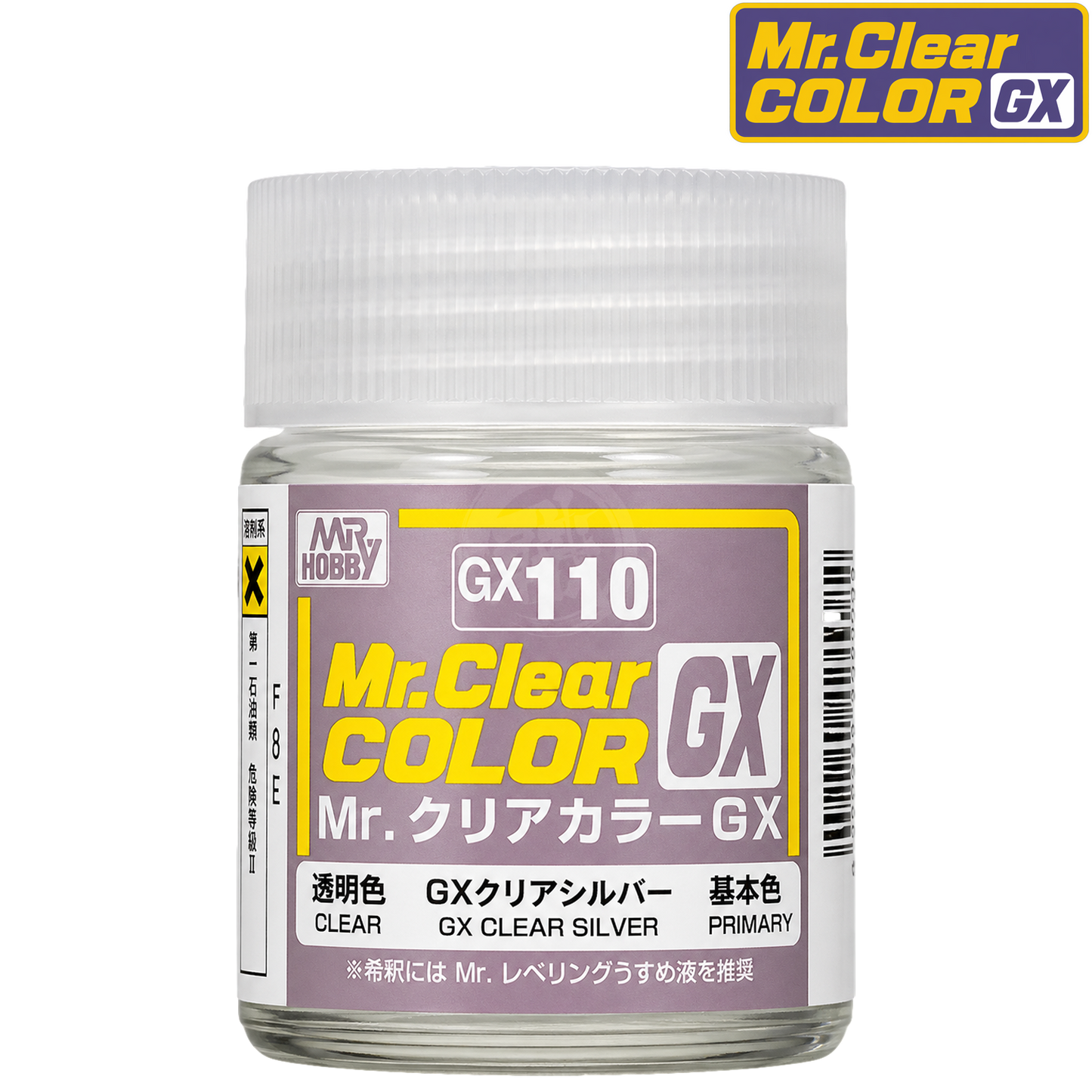 GSI Creos GX110 Clear Silver paint bottle with silver-colored liquid inside, designed for model and scale model painting.