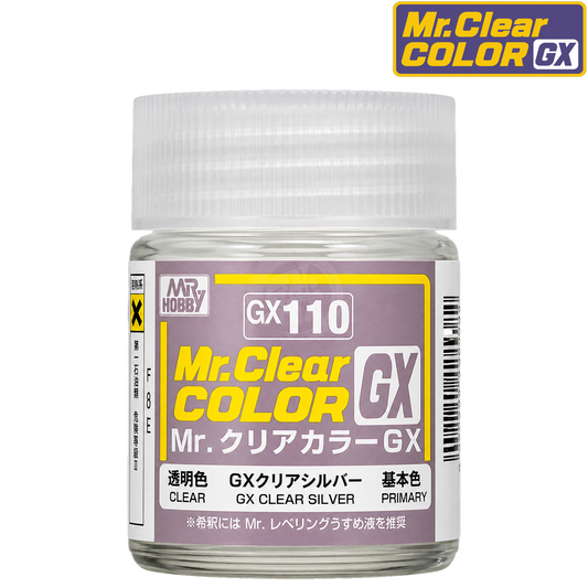 GSI Creos GX110 Clear Silver paint bottle with silver-colored liquid inside, designed for model and scale model painting.