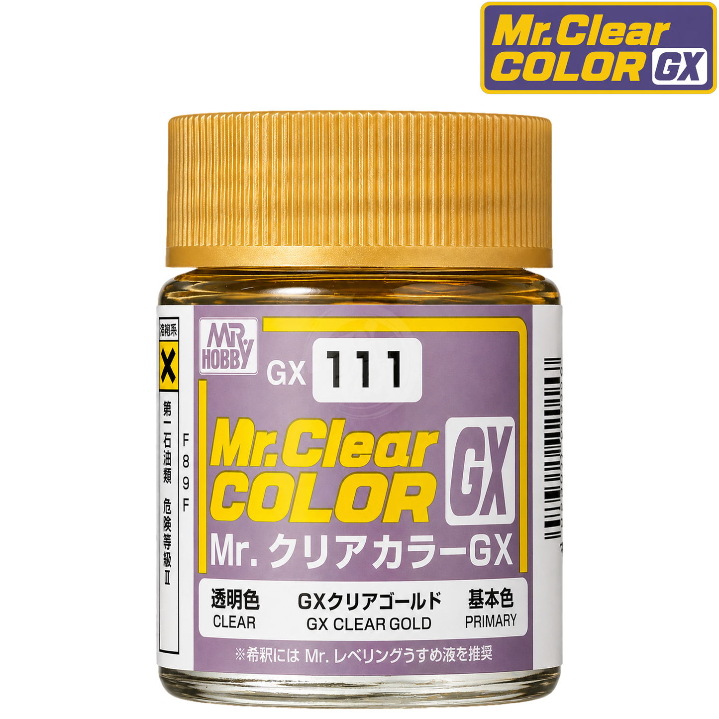 GSI Creos GX111 Clear Gold paint bottle with gold-colored cap and label, showcasing the product packaging for the GX111 paint series.