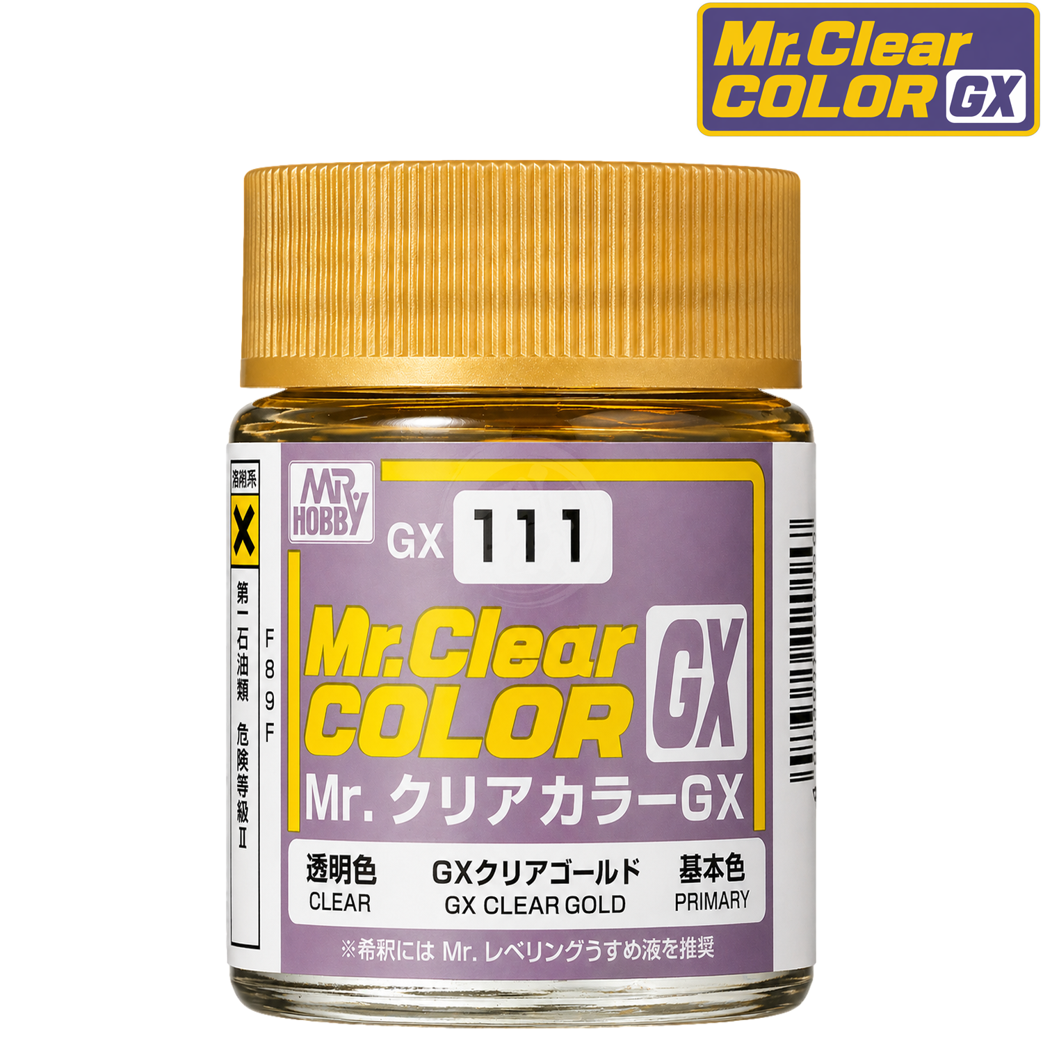 GSI Creos GX111 Clear Gold paint bottle with gold-colored cap and label, showcasing the product packaging for the GX111 paint series.
